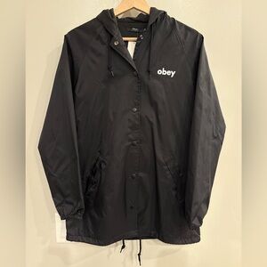 Obey Worldwide Black Hooded Windbreaker Coach Jacket NWT